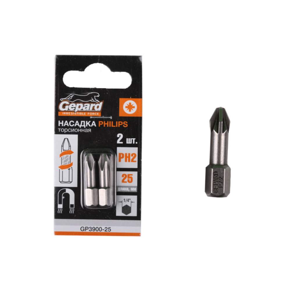 Насадка крестообразная PH2 25мм 2шт торсионная GEPARD (GP3900-25)