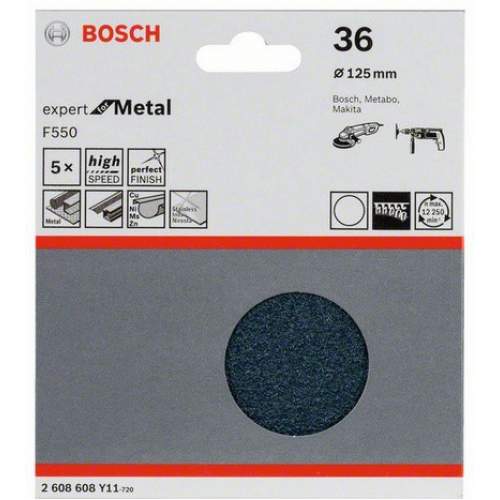 Шлифкруги 125 мм BOSCH 5 шлифлистов Expert for Metal Øмм б/отверстий, K36