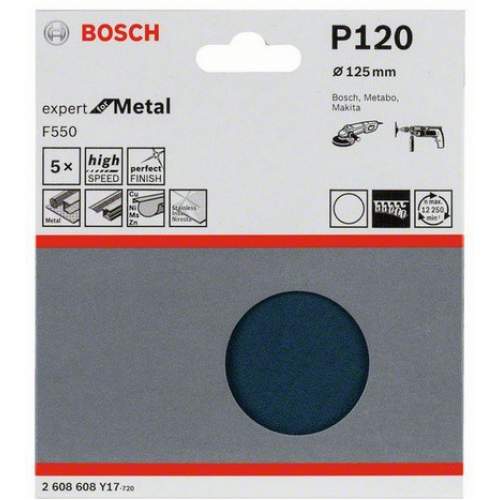 Шлифкруг 125 мм BOSCH 5 шлифлистов Expert for Metal Øмм б/отверстий, K120