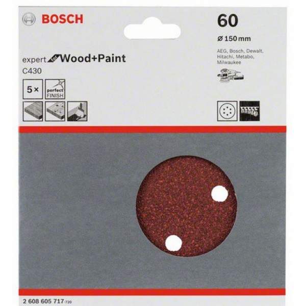 Шлифкруг 150 мм BOSCH 5 шлифлистов Expert for Wood+Paint Øмм K60