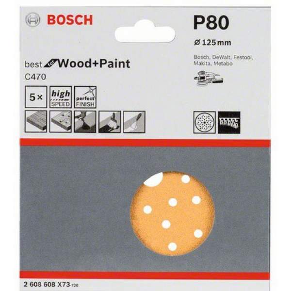 5 шлифлистов Best for Wood+Paint Multihole Ø125 K80 [Шлифкруги 125 мм BOSCH 5 шлифлистов Best for Wood+Paint Multihole Ø K80]