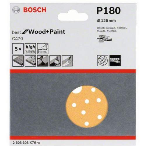 BOSCH 5 шлифлистов Best for Wood+Paint Multihole Ø125 K180