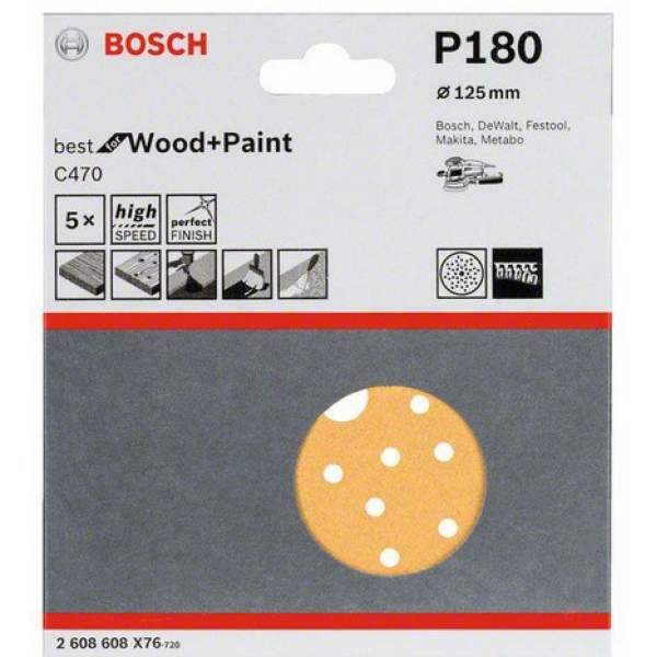 5 шлифлистов Best for Wood+Paint Multihole Ø125 K180 [Шлифкруг 125 мм BOSCH 5 шлифлистов Best for Wood+Paint Multihole Ø K180]