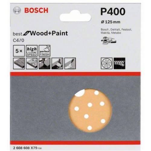 BOSCH 5 шлифлистов Best for Wood+Paint Multihole Ø125 K400