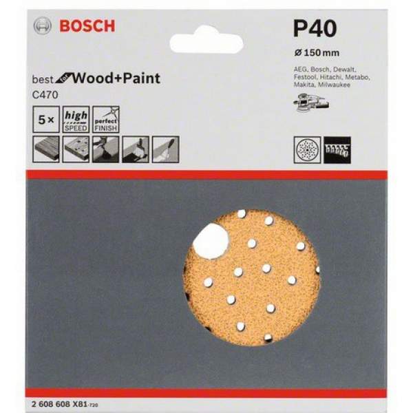 Шлифкруг 150 мм BOSCH 5 шлифлистов Best for Wood+Paint Multihole Ø K40