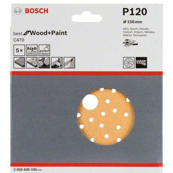 Шлифкруг 150 мм BOSCH 5 шлифлистов Best for Wood+Paint Multihole Ø K120