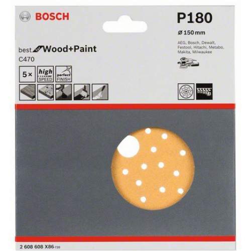 BOSCH 5 шлифлистов Best for Wood+Paint Multihole Ø150 K180