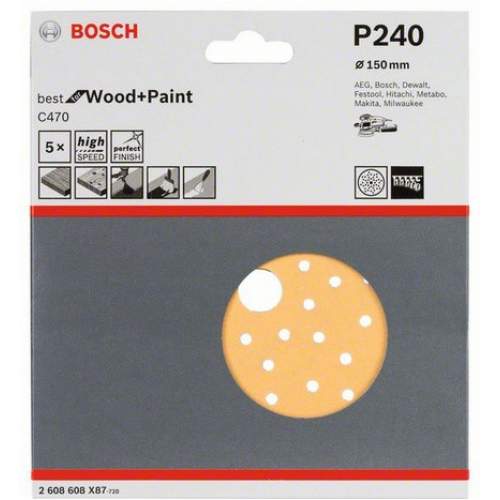 BOSCH 5 шлифлистов Best for Wood+Paint Multihole Ø150 K240