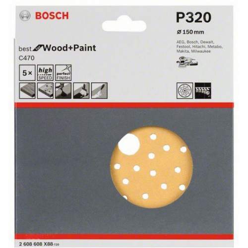 BOSCH 5 шлифлистов Best for Wood+Paint Multihole Ø150 K320