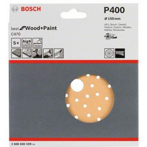 BOSCH 5 шлифлистов Best for Wood+Paint Multihole Ø150 K400