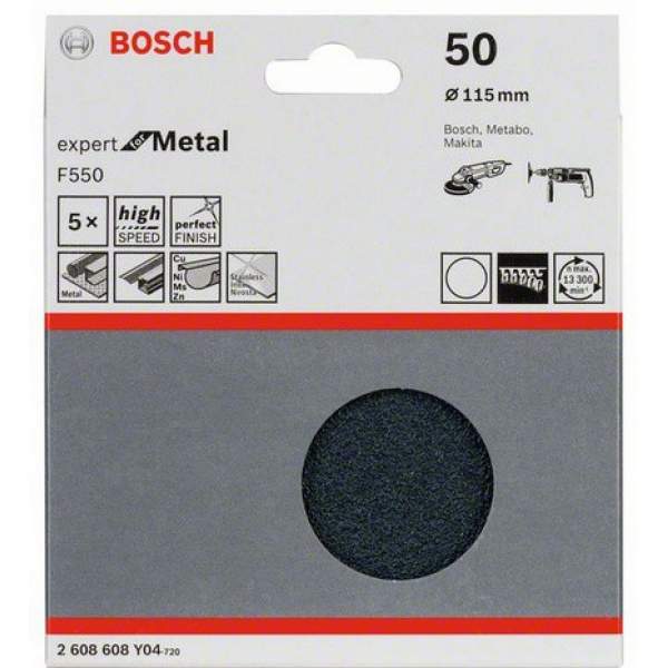 Шлифкруги 115 мм BOSCH 5 шлифлистов Expert for Metal Øмм б/отверстий, K50