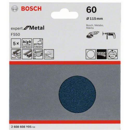 Шлифкруги 115 мм BOSCH 5 шлифлистов Expert for Metal Øмм б/отверстий, K60
