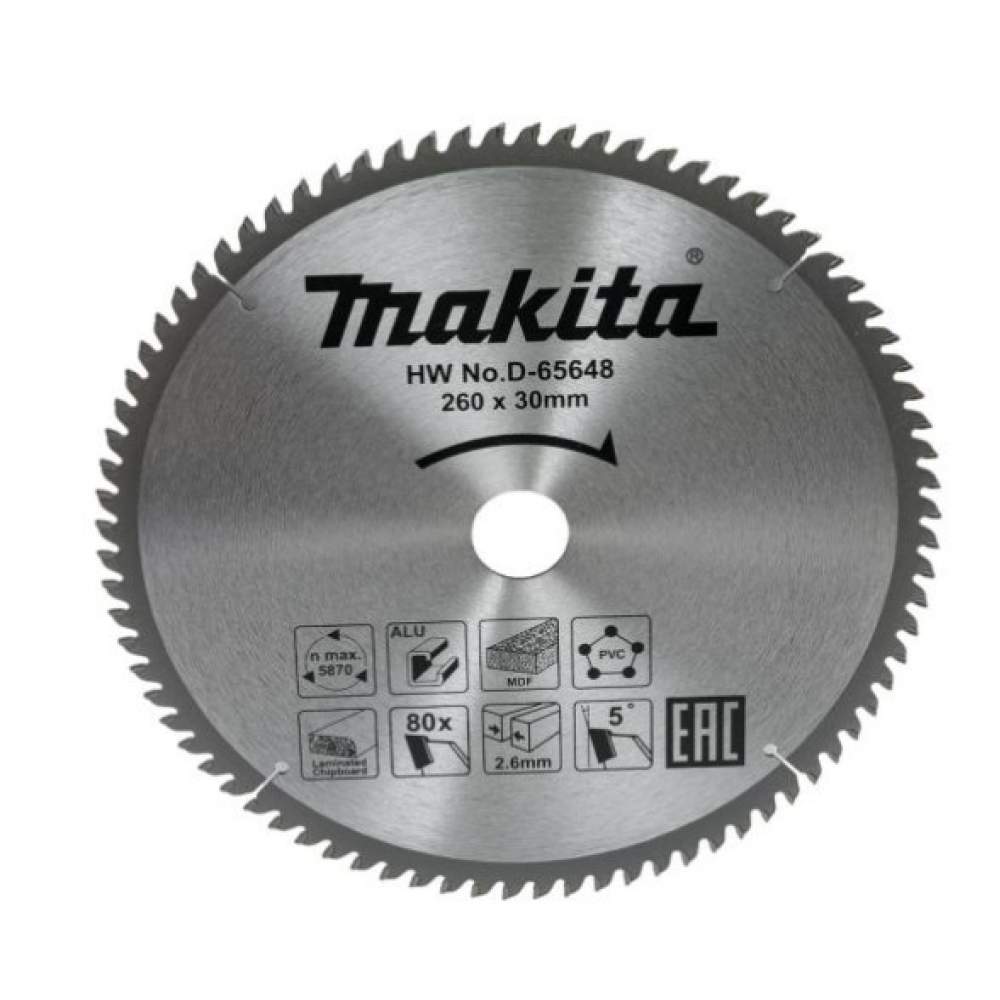 Пильный диск MAKITA универсальный для алюминия/дерева/пластика, 260x30x80T