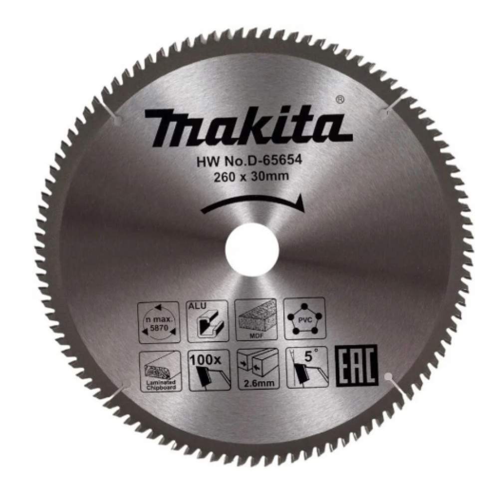 Пильный диск MAKITA универсальный для алюминия/дерева/пластика, 260x30x100T