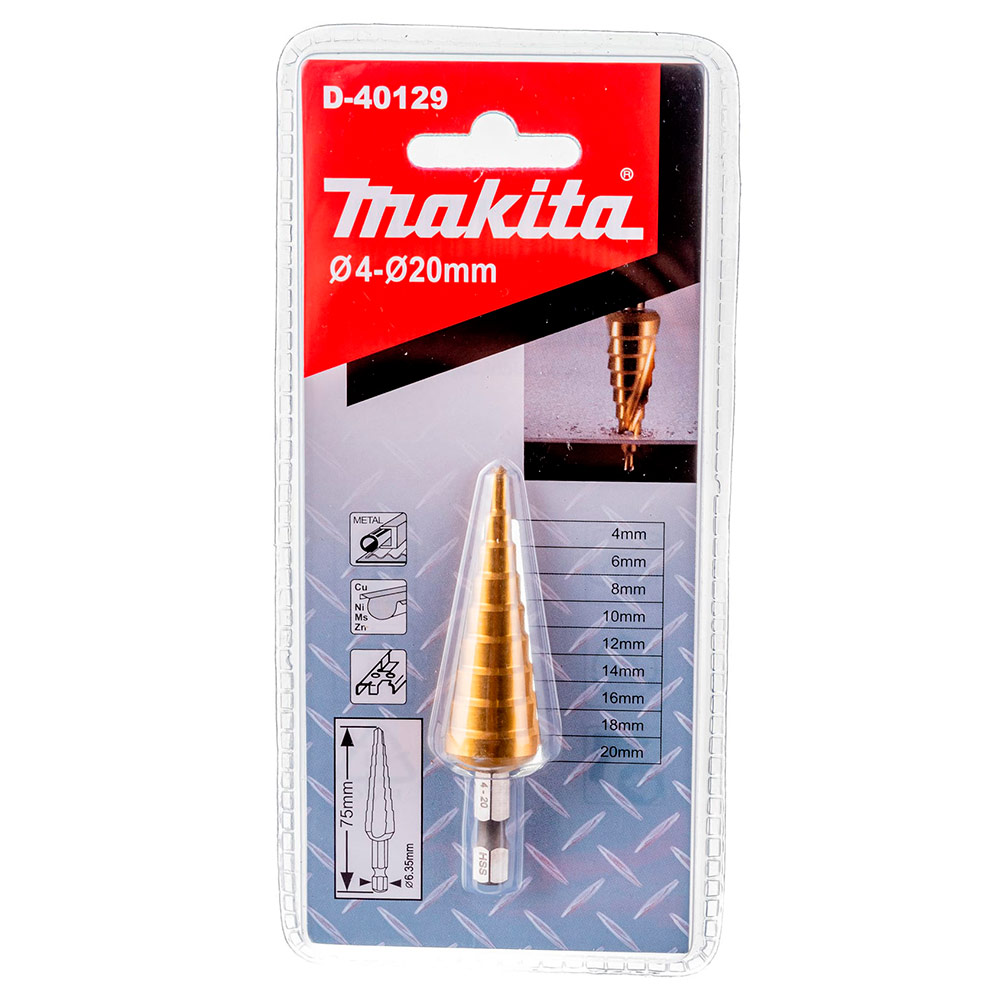 Сверло по металлу MAKITA ступенчатое HSS-TiN с прямым желобком, 4-20, 1/4