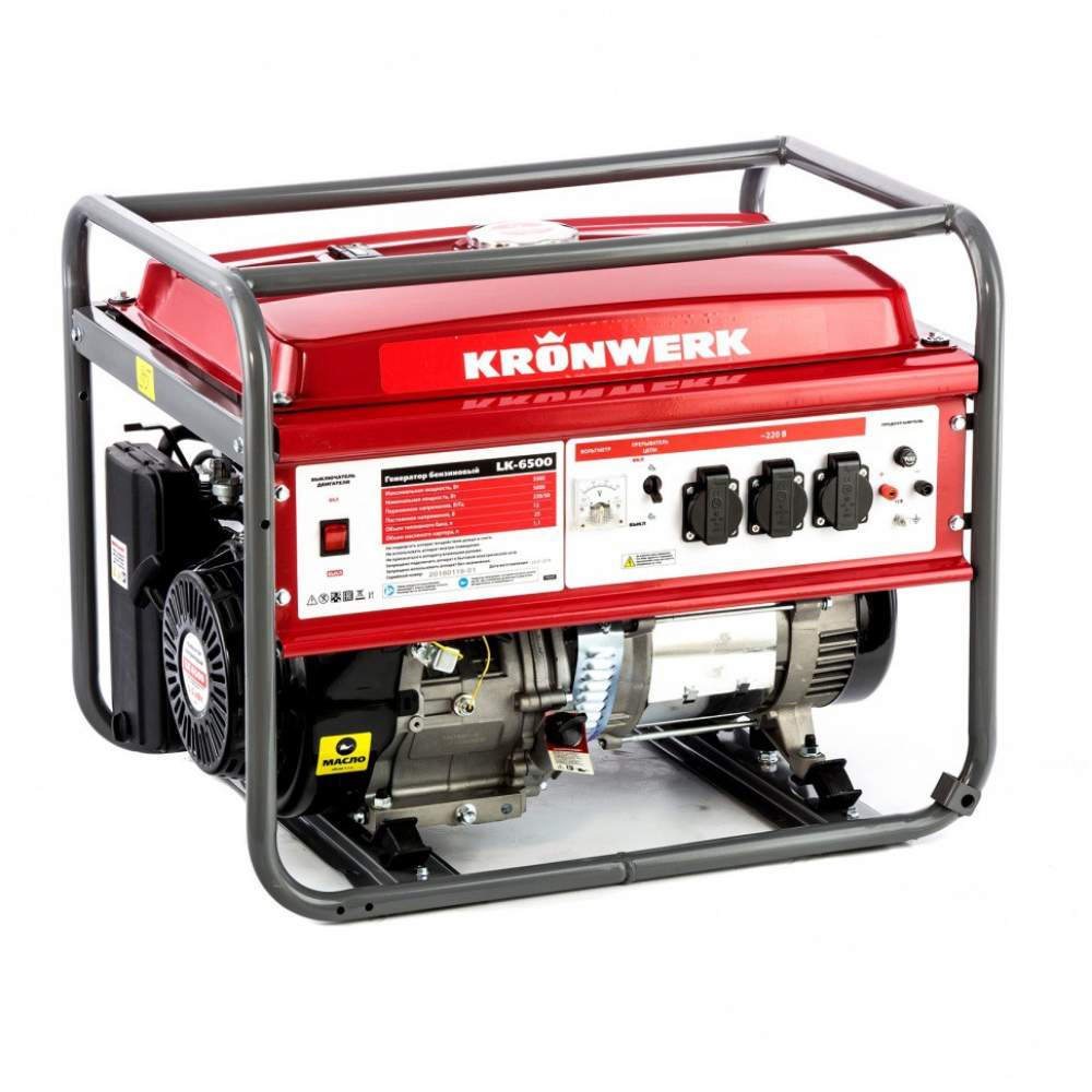Генератор электричества KRONWERK бензиновый LK 6500,5,5 кВт, 230 В, бак 25 л, ручной старт// Kronwerk