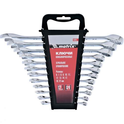 MATRIX Набор ключей комбинированных, 6 - 22 мм, 12 шт., CrV, полированный хром// Matrix