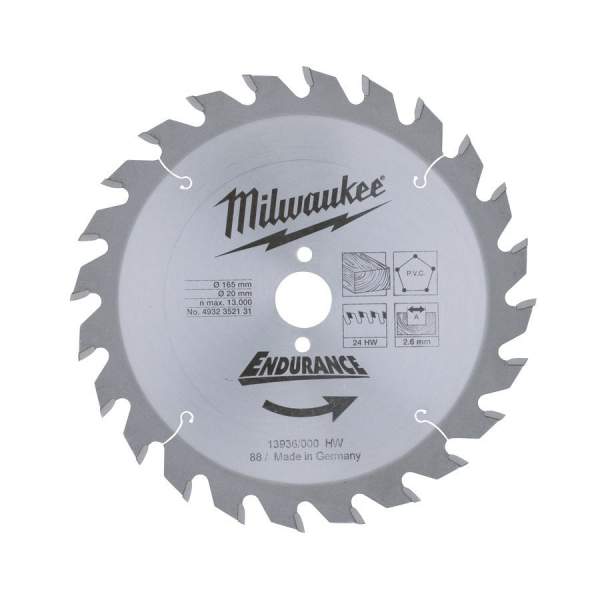 Milwaukee Пильный диск для циркулярной пилы по дереву 165x20x1.6x24 скошенные зубья (замена для 4932352131)