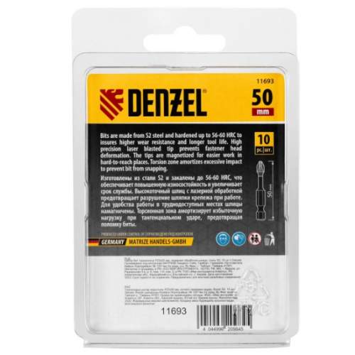 Бита DENZEL IMPACT, PZ3x50 мм, лазерная обработка шлица, сталь S2, 10 шт., Е 6,3 Denzel