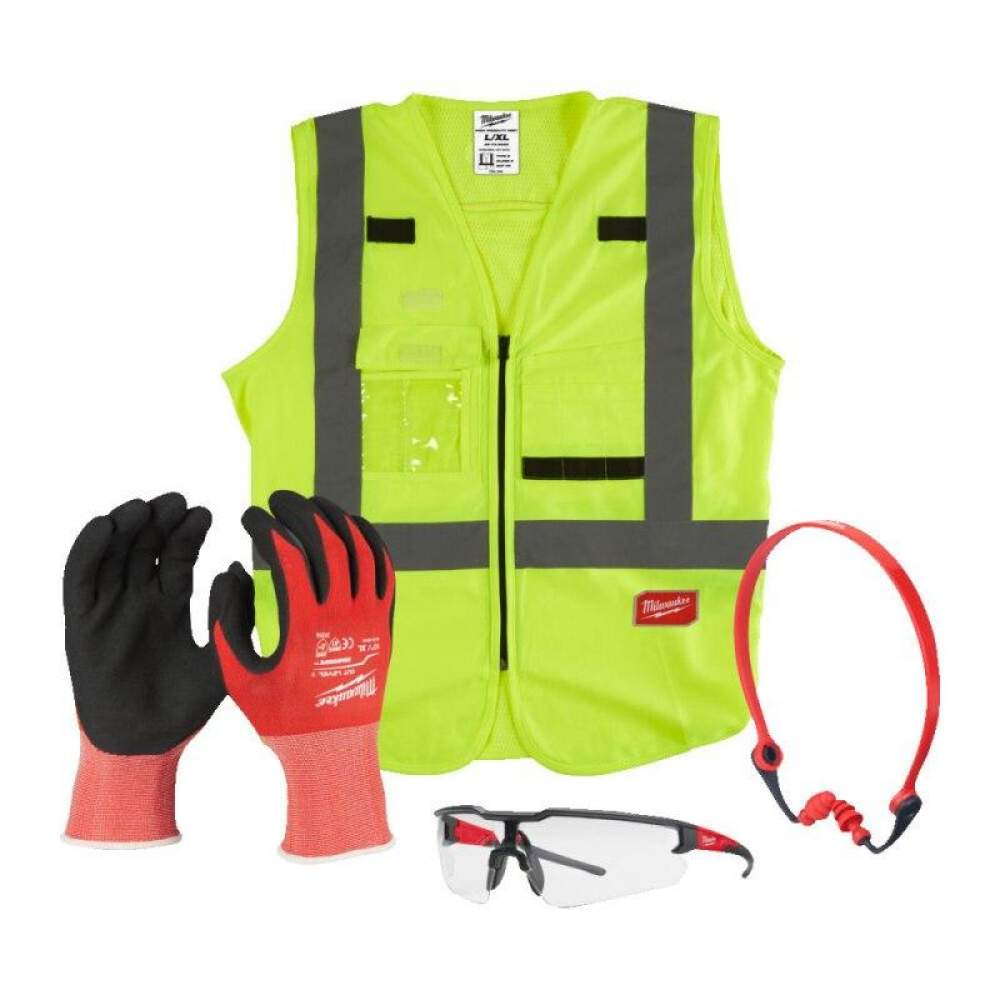 Milwaukee Строительный набор СИЗ Milwaukee 10/XL (4932492063) (состав набора : прозрачные очки повышенной безопасности, заглушки для ушей, перчатки, жилет)