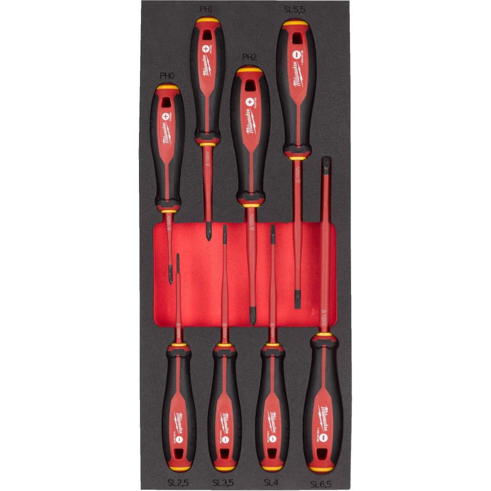 Отвертка Milwaukee Отвертки Milwaukee VDE 8шт (4932493249) (диэлектрические, трехгранные, в ложементе, PH0/PH1/PH2/SL2.5/SL3.5/SL4/SL5.5/SL6.5)