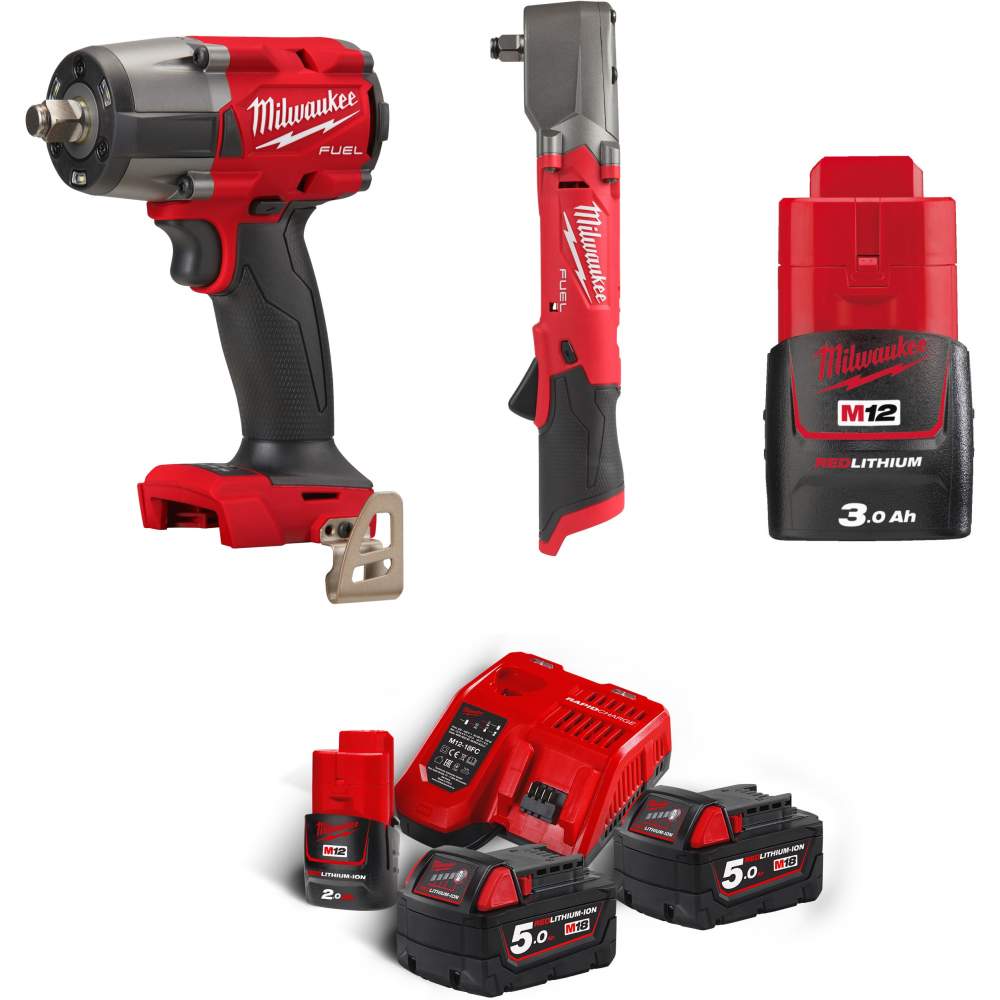 Набор инструмента Milwaukee инструментов Milwaukee M18FMTIW2F12/M12FRAIWF12/M18NRG-502/M12B3 (A001MLW) (в входит: гайковерт Milwaukee M18 FMTIW2F12-0X FUEL (493347844