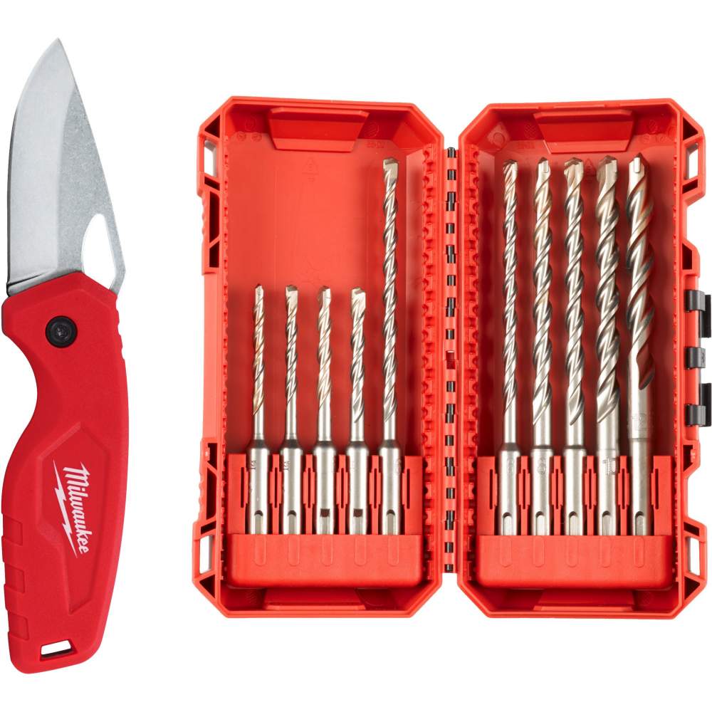 Milwaukee Набор инструментов Milwaukee Карманный нож+набор буров SDS (A006MLW) (в набор входит: набор буров Milwaukee SDS+ M2 10шт (4932492117), нож компактный