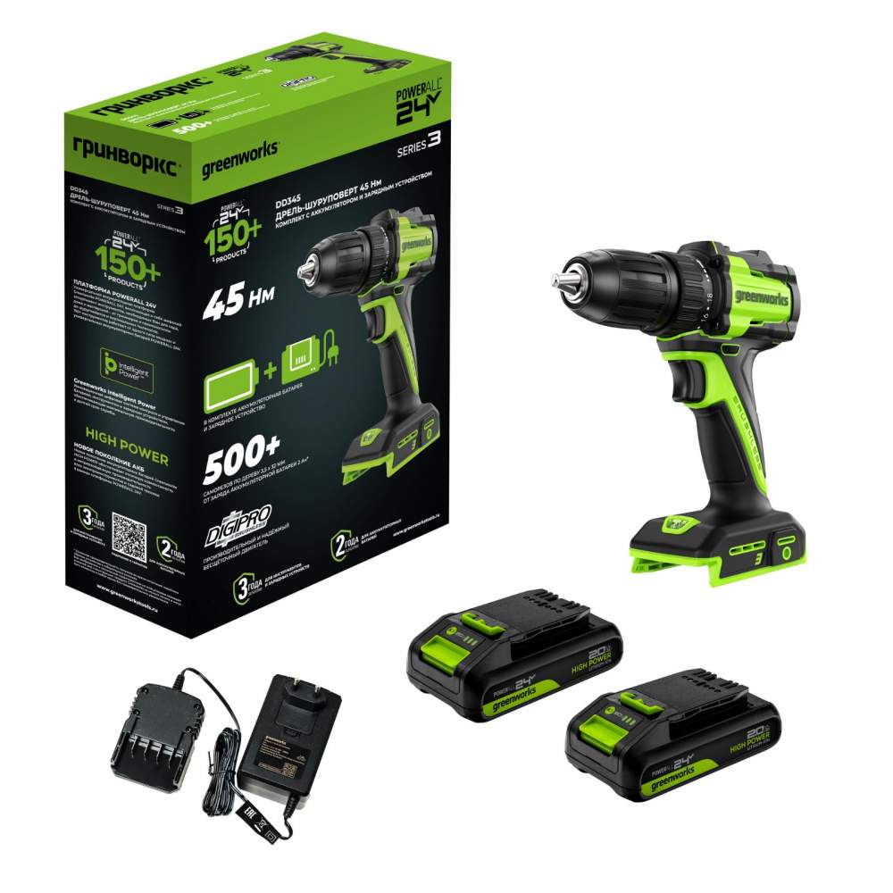 Дрель- шуруповерт аккумуляторный Greenworks DD345 (24V, 2*2.0 Ah, carton)