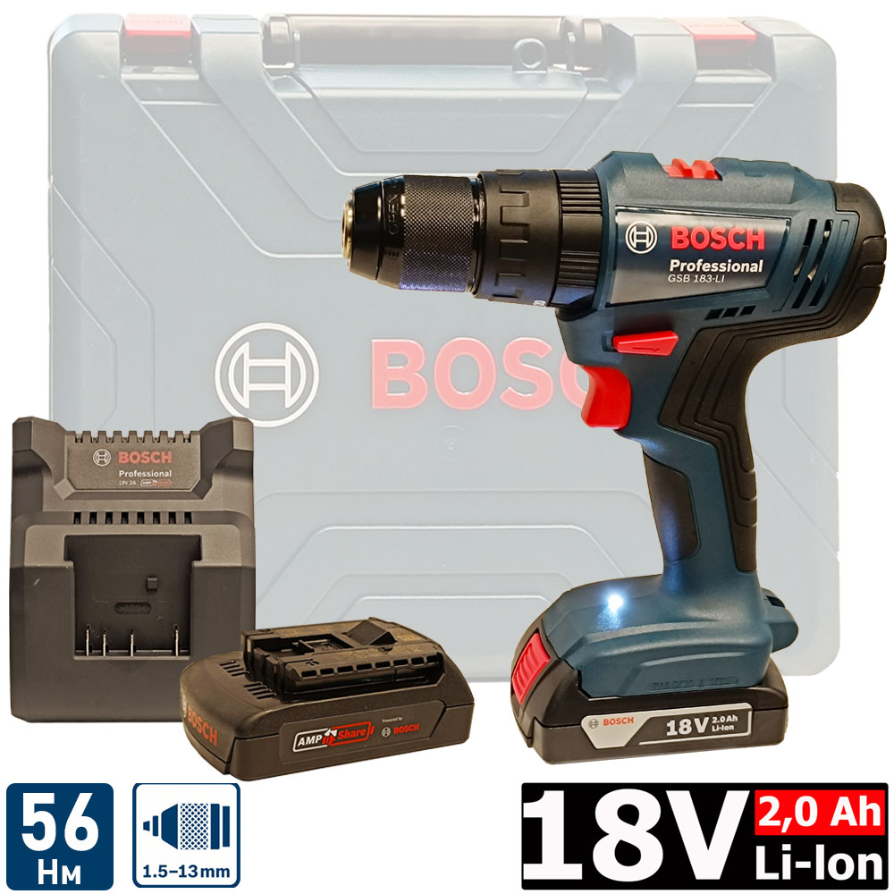 Шуруповерт BOSCH GSB 183-LI (2*2,0 Ah, case)